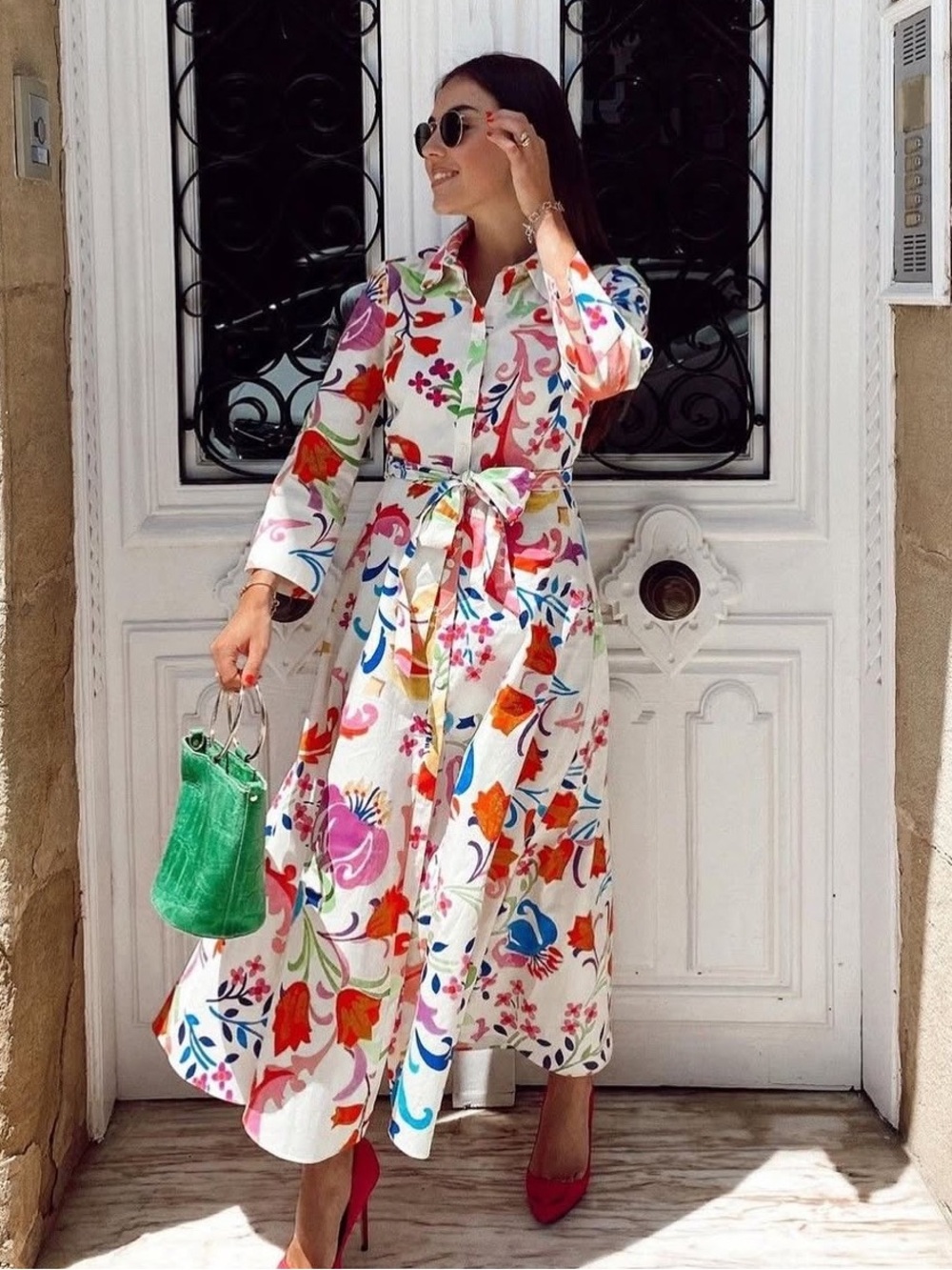 Zara White Maxi Shirt Dress with Multicolor Floral Print